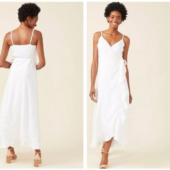 J. MCLAUGHLIN Emilia Linen Ruffle Wrap Maxi Dress White Sz L {ZZ51} - Picture 2 of 8